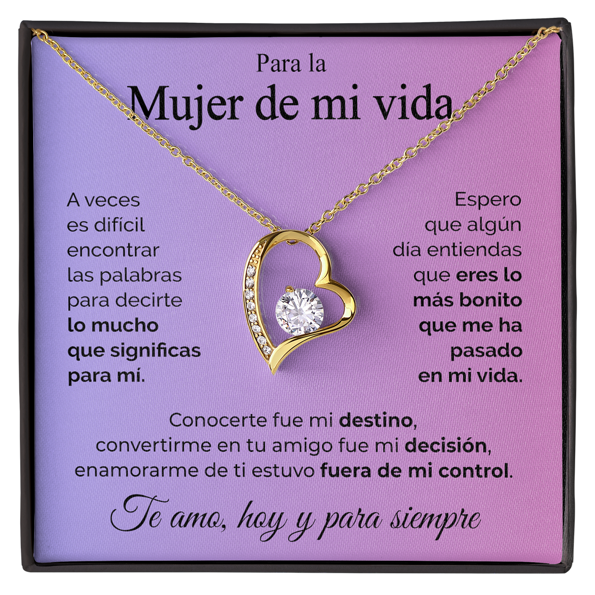 Collar de Corazón dorado con tarjeta dedicatoria "Mujer de mi Vida"