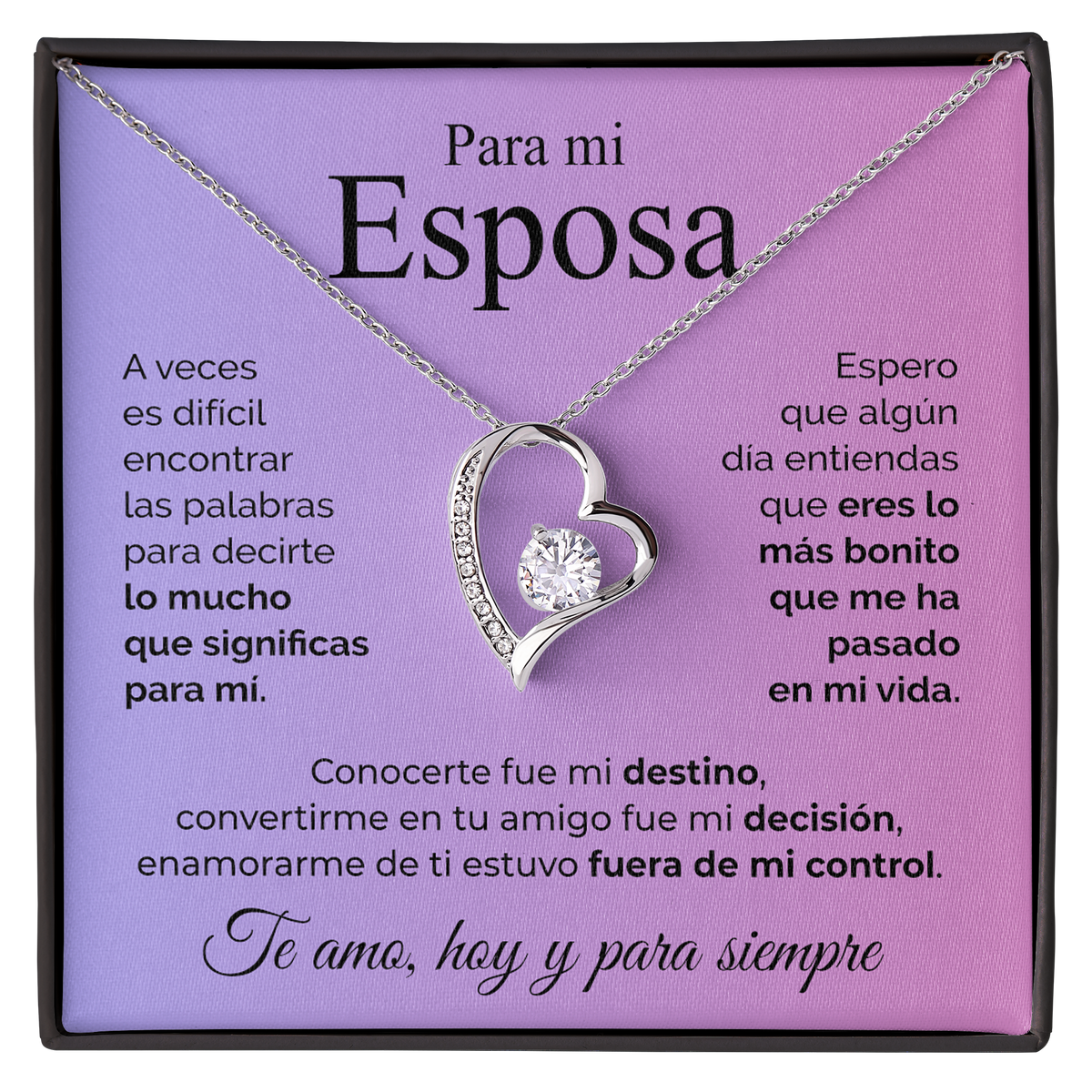 Collar de Corazón plateado con tarjeta dedicatoria "Esposa"