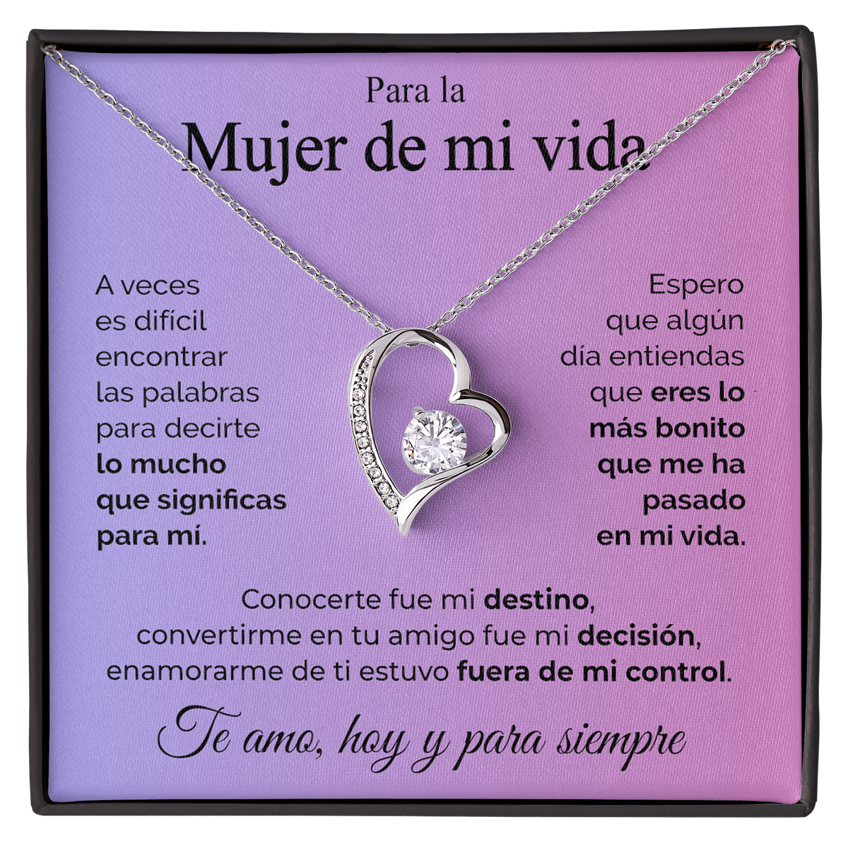 Collar de Corazón plateado con tarjeta dedicatoria "Mujer de mi Vida"