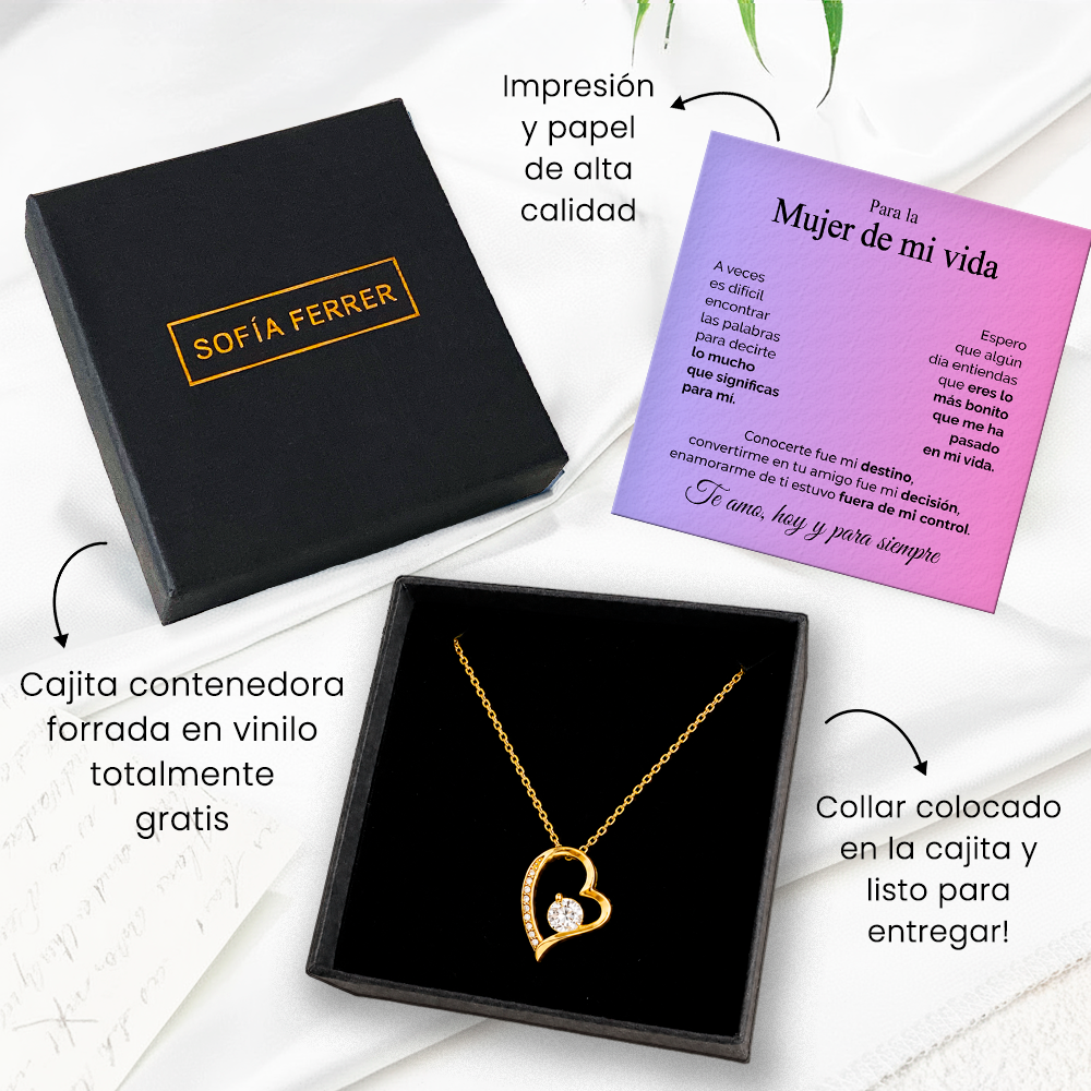 Collar de Corazón dorado con tarjeta dedicatoria "Mujer de mi Vida"