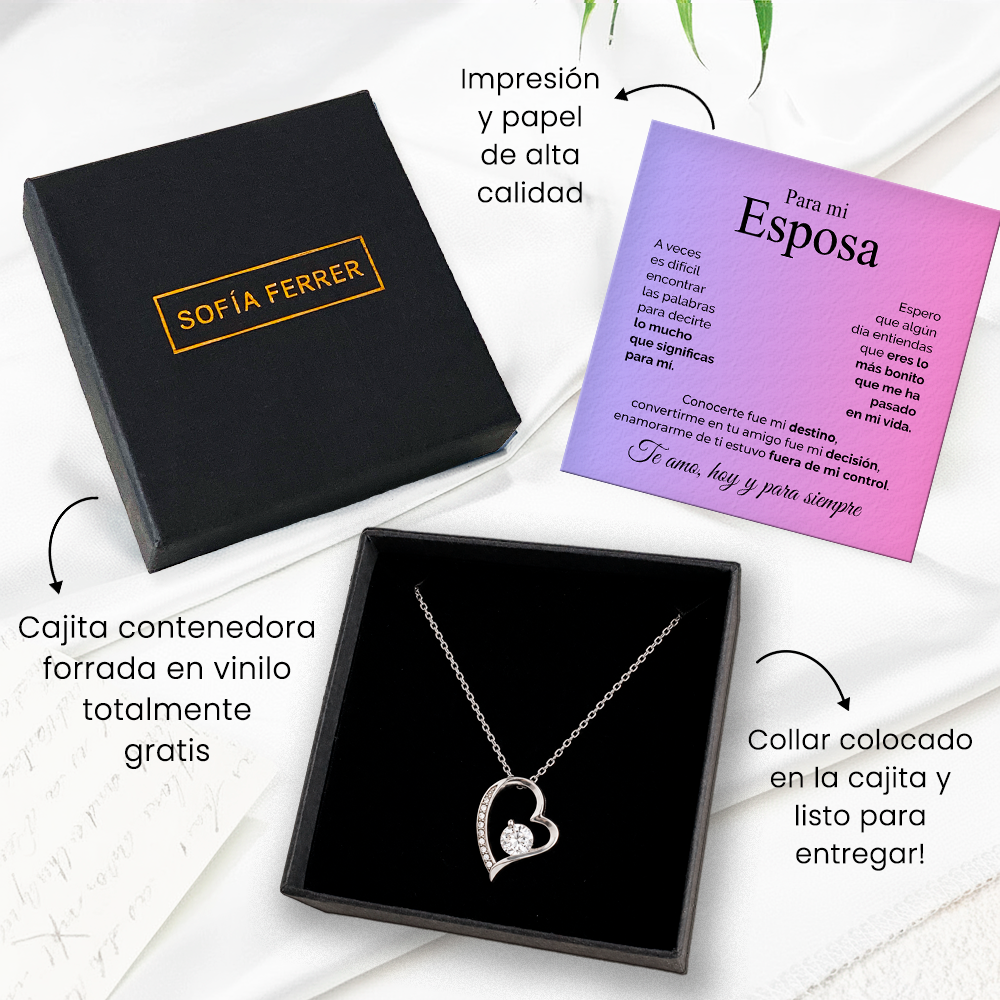 Collar de Corazón plateado con tarjeta dedicatoria "Esposa"