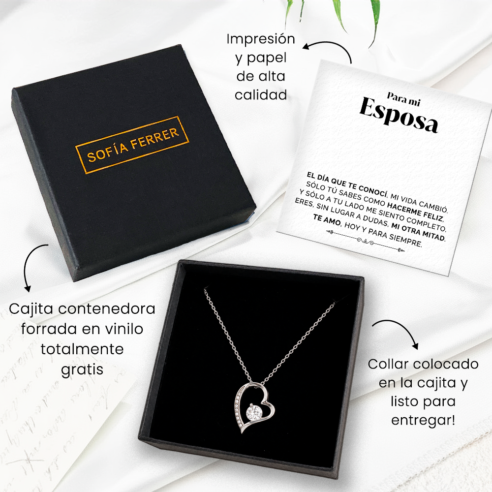 Collar de Corazón plateado con tarjeta dedicatoria "Mi otra mitad"